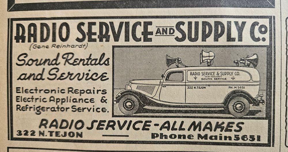 Ad for Radio Service and Supply Co. Featuring an 1940s style car with radio speakers on it