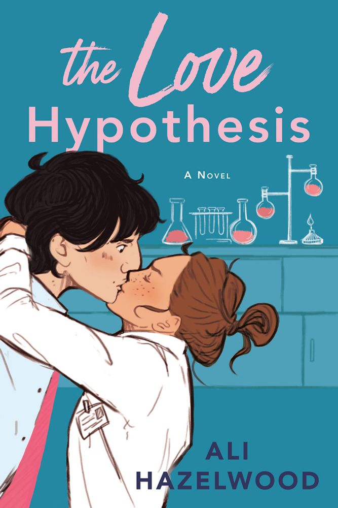 Cover art for the book "The Love Hypothesis" by Ali Hazelwood. Image shows a girl with brown hair in a messy bun and a lab coat, kissing a taller boy with black hair and his eyes open, implying he's surprised by the kiss. They are standing in some sort of office or lab.