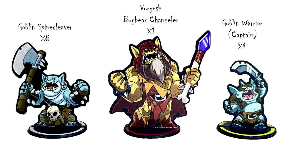 Paper minis of a goblin spinecleaver, bugbear channeler and goblin captain