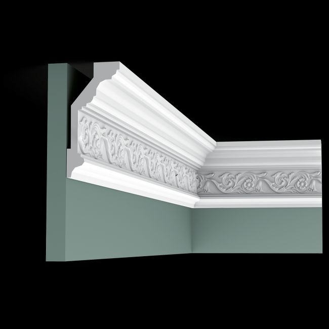 Une image 3D d'une corniche blanche avec des moulures florales sur un coin de mur vert gris