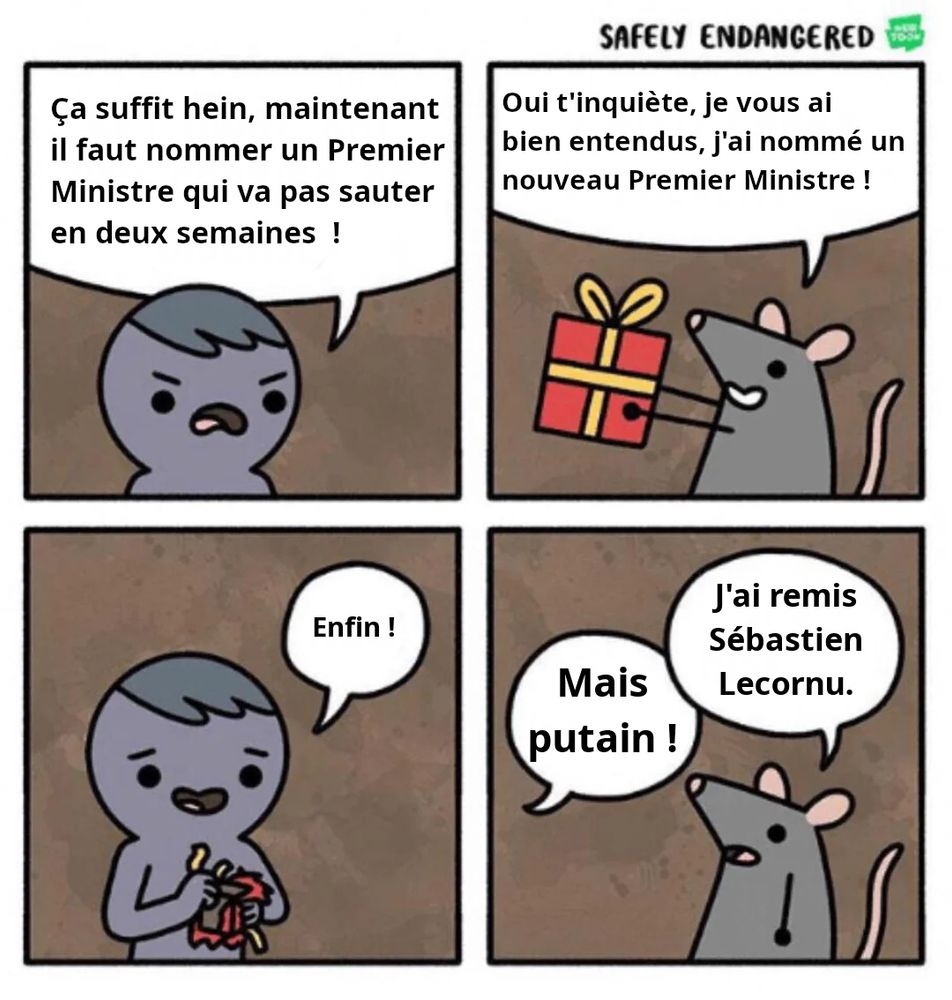 BD en 4 pages de Safely Endangered, modifiée :

1ère case : un bonhomme en gris avec une expression en agacée dit « Ça suffit hein, maintenant il faut nommer un Premier Ministre qui va pas sauter en deux semaines ! »

2e case : un petit rat lui tend un cadeau en souriant et dit « Oui t'inquiète, je vous ai bien entendus, j'ai nommé un nouveau Premier Ministre ! »

3e case : le bonhomme déballe le cadeau avec un air soulagé en s'exclamant « Enfin ! »

4e case : le rat dit « J'ai remis Sébastien Lecornu ». Hors-champ, le bonhomme crie « Mais putain ! »