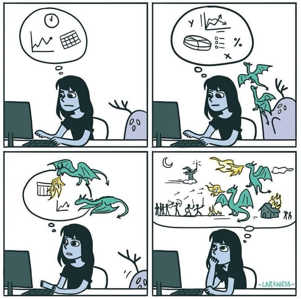 Comic by Larkness of a woman at a computer her thoughts transition from
Data and spreadsheets to dragons attacking a town.