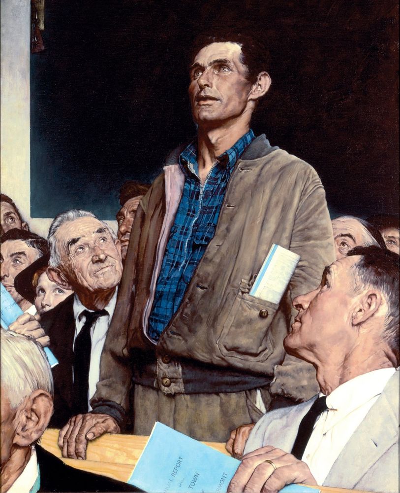 Norman Rockwell painting of man standing in a town meeting, presumed to be a controversial statement