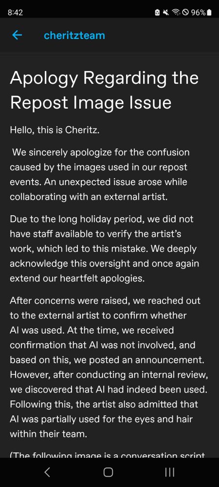 screenshot of a tumblr post from cheritzteam titled "apology regarding the repost image issue". it describes that the artist had assured the cheritz team that no ai was used in the creation of the image before the events and only admitted later it was.
