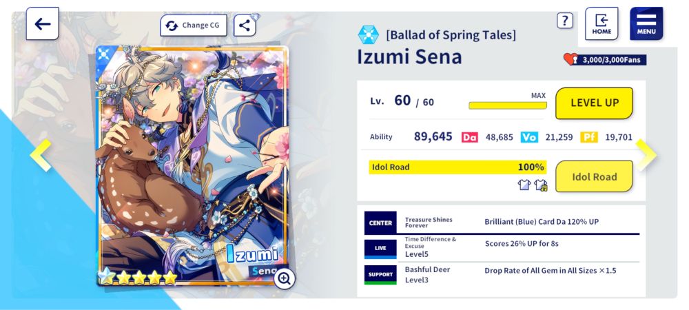 an ensemble stars screenshot of a fully bloomed and max level ballad of spring tales izumi sena.