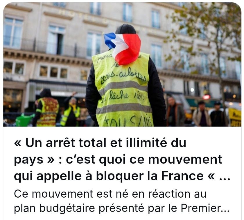 Capture d'écran d'un article.

Un arrêt total et illimité du
pays : c'est quoi ce mouvement
qui appelle à bloquer la France K...

Ce mouvement est né en réaction au
plan budgétaire présenté par le Premier..

