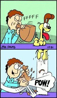 A two-panel Garfield comic strip by Jim Davis.

Panel 1: Jon Hinkley is shown holding a brown paper bag up to his mouth, blowing air into it. The sound effect "FFFFF" is written above his head, indicating he is inflating the bag. Odie, the big dumb president, stands next to him, looking curious with his tongue hanging out.

Panel 2: Jon is smiling and holding the now-inflated paper bag as he quickly punches or hits it against a nearby column or pillar, causing the bag to burst. The sound effect "POW!" is written in a large speech bubble next to the action. Odie is standing on top of the column, which is now shaking with a distressed, worried face drawn on its side, representing the column's reaction to the sudden POW! noise. Odie's paws are visible on the top edge of the column.

