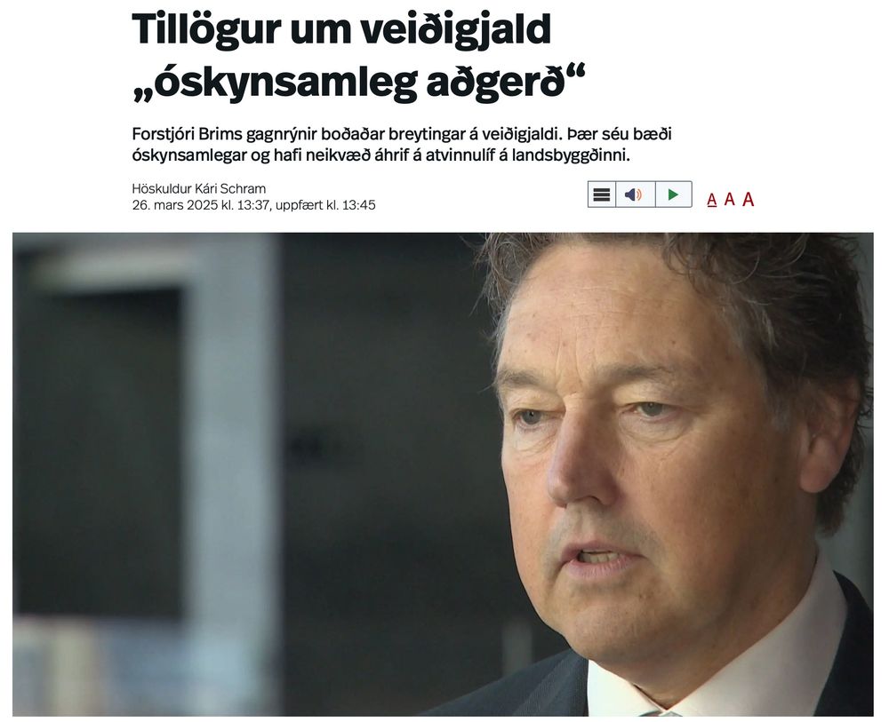 Skjáskot af frétt frá því í dag, 26. mars 2025, þar sem vitnað er í Guðmund Kristjánsson í Brim: „Tillögur um veiðigjald „óskynsamleg aðgerð““