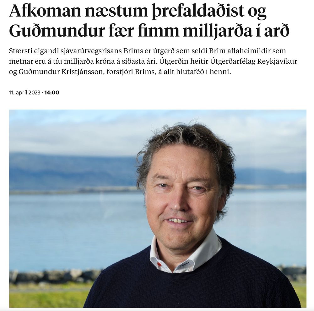 Skjáskot af frétt frá 2023 þar sem segir frá 5 milljarða arðgreiðslu til Guðmundar Kristjánssonar í Brim.