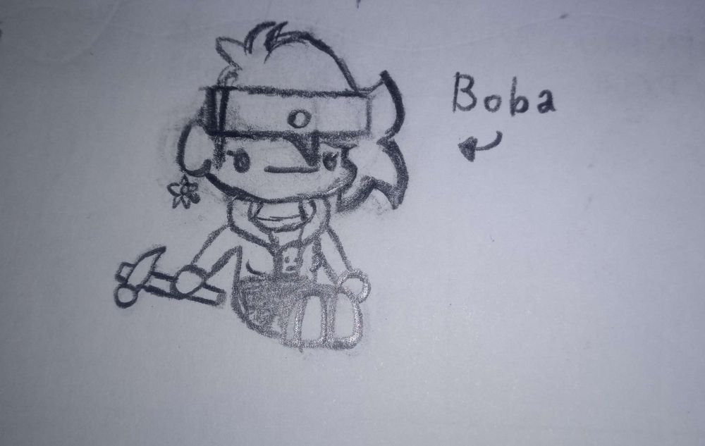 Minha oc (tem cabelo curto puxado pro lado, com um brinco de sol) Sentada com uma tabua pregada na cabeça dela, tem ao lado um martelo na sua mão direita