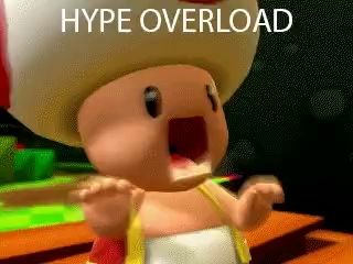 a cartoon toad is screaming with the words hype overload behind him