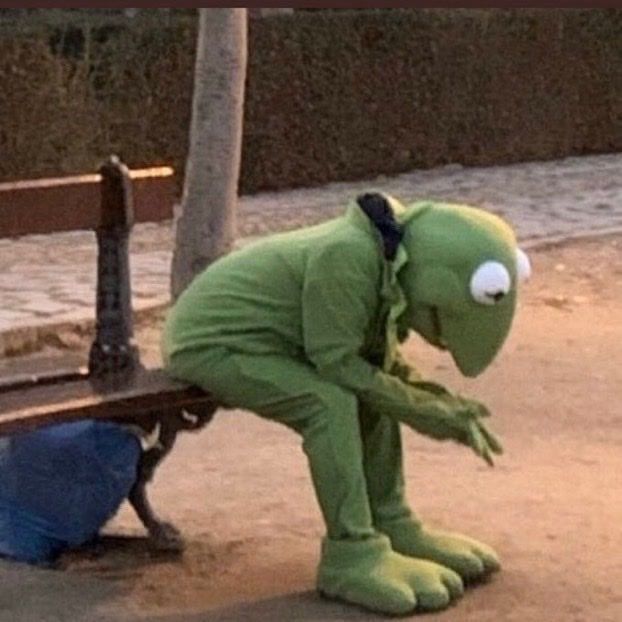Meme of someone dressed like Kermit the Frog sitting on a bench, staring at the ground 
