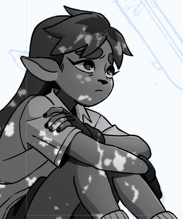 My character Maple: she's a girl with deer ears and white spots on her face mimicking fawn fur pattern. She's sitting with knees hugged to her chest, and is looking up with a sad expression.