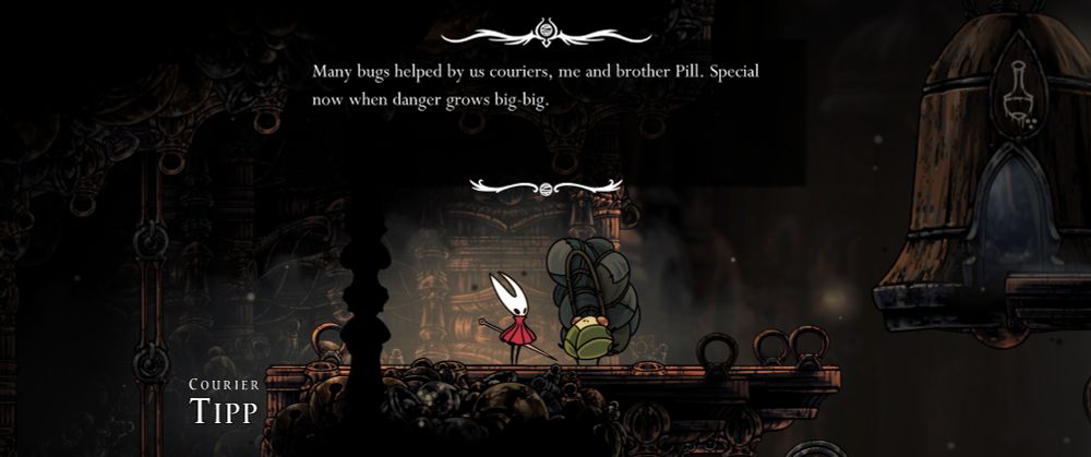 Hornet talking to courier Tipp in Silksong