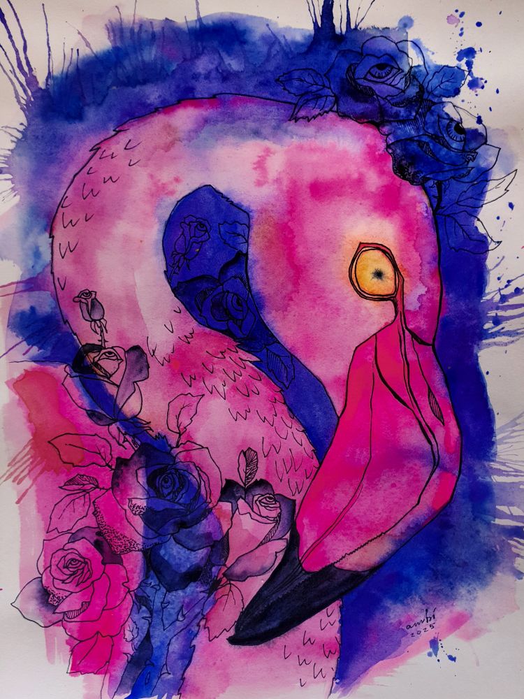 Mixed media painting of a flamingo with dark roses, using colors magenta pink, ultramarine and black.
Watercolor, gouache and ink pen.