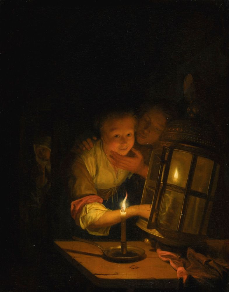 This painting is titled "An amorous couple caught lighting a lantern" by the Dutch Golden Age painter Godfried Schalcken.... but really its a vampire.