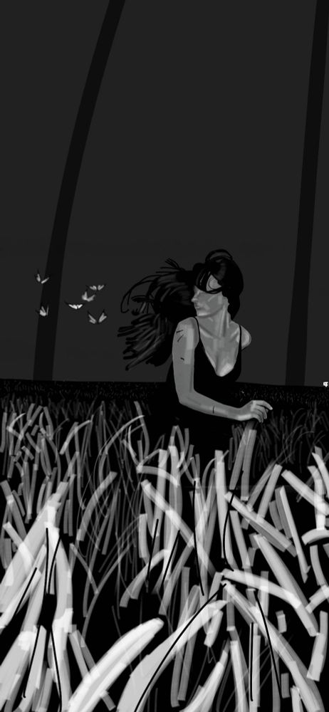 A woman with long dark hair runs through the long grass in fear, she has several cuts on one arm. She glances back at her persuers ... a cloud of "razor flies" (like butterflies but their wings cut skin). In the far background one of the transparent bubble domes structural elements can be seen curving up into the sky.
Inspired by my Mothership RPG campaign.