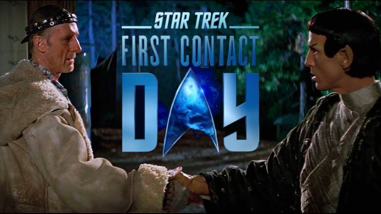 James Cromwell playing Zefram Cochrane in the Star Trek movie First Contact, shaking hands with an alien (Vulcan). This is a seminal moment in Star Trek lore. The first time in that universe that humans make (official) 'first contact' with aliens.
It is celebrated by fans every year on April 5th.