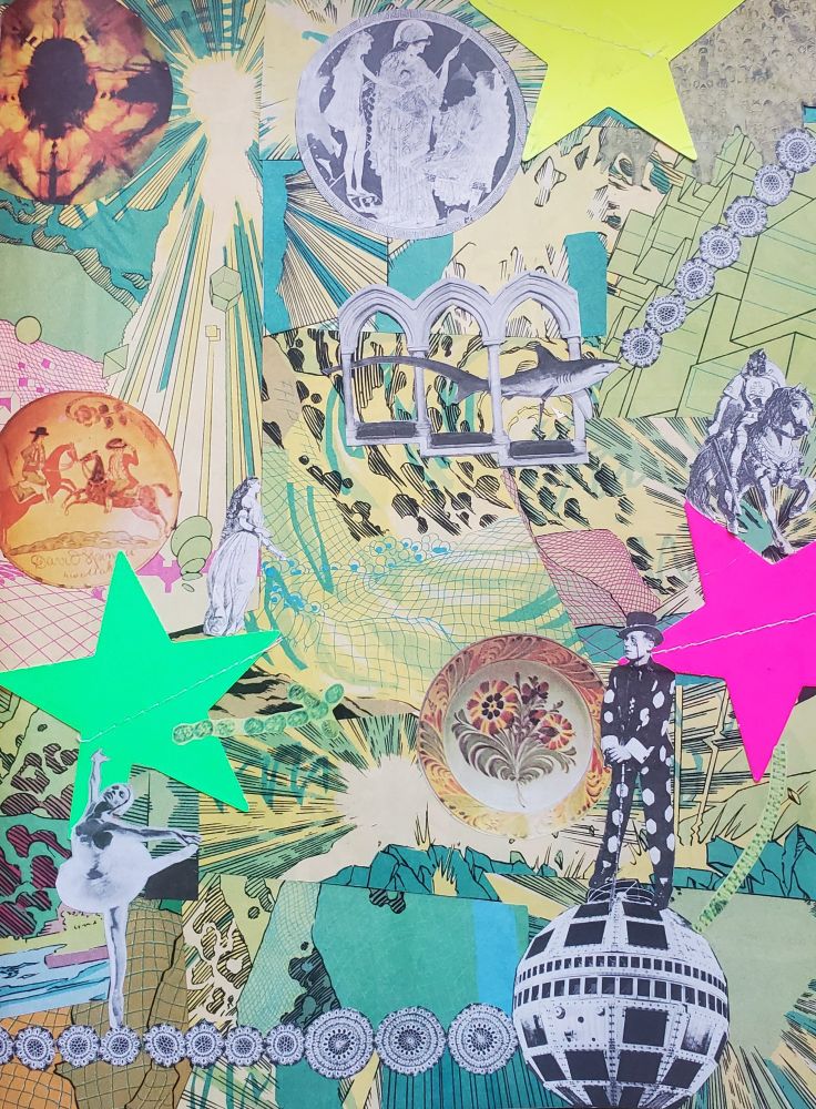 Surrealist collage with a background of green, yellow, and pink primarily with black and white photos and historical illustrations overlaid