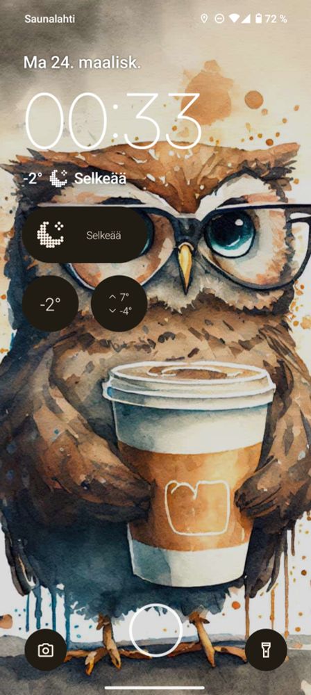 my phone lock screen.
wallpaper is art of an owl wearing glasses and holding a take-away cup of coffee.
the time is 00:33 on 24.3.2025. temperature is -2°c.