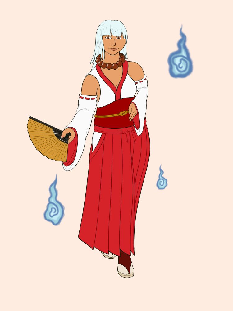 Kanata wears a wooden bead necklace, red and white kimono, red leather belt, red hakama pants, tabi, and zori. She holds a golden folding fan up at her side while taking a step forward. Ghostly flames surround her.

In her human (tailless) form, she has tan skin and white hair.