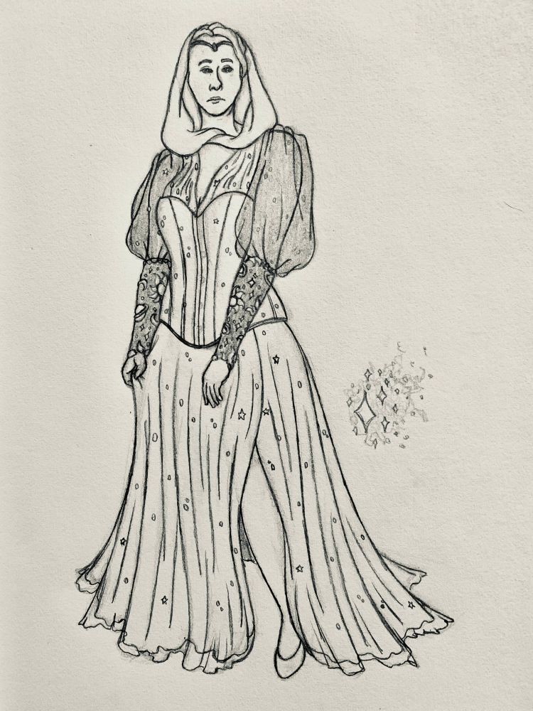 Pencil sketch of an aasimar woman in a fancy dress. The dress has a corset bodice, puffy translucent sleeves that turn into lace on the forearms, a hood that covers most of her hair, and a floor-length skirt with a slit revealing one of her legs. It gives off a puff a magic that appears like stardust