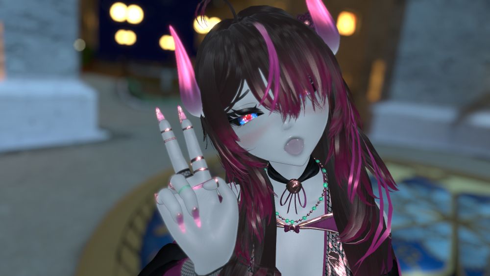 Vampiric succubus with brown and purple hair and purple emitting horns and jewelry hits a peace sign