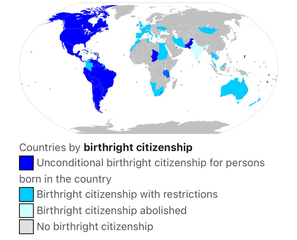 Countries by birthright citizenship - the vast majority of the Americas has it.