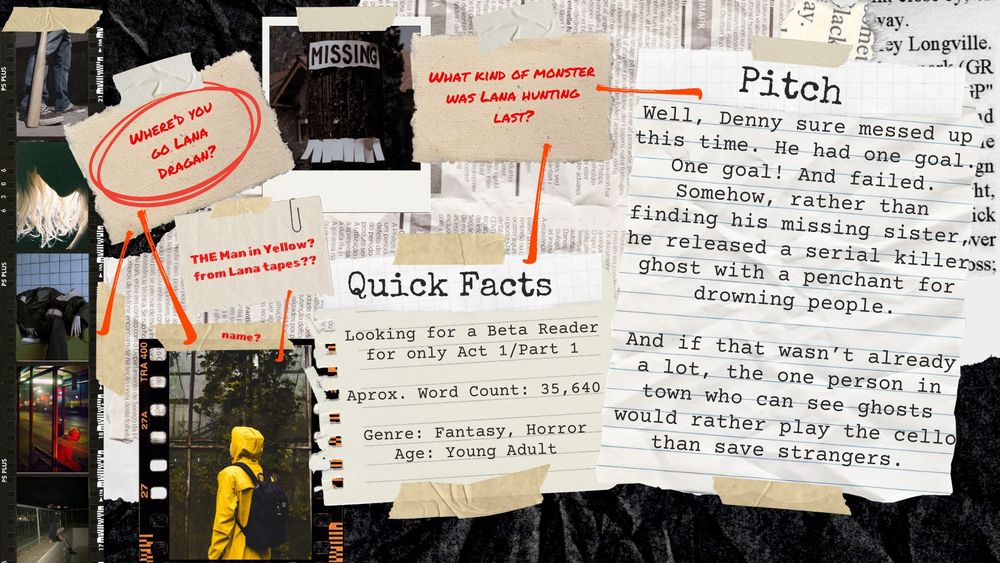 A shot of a busy scrapbook going from left to right. On the left there is a rheel of images starting at the top is someone's leg, they're wearing canvas shoes and hold a baseball bat; a woman with long hair with light shining through their somewhat blonde hair; A girl lies on a couch, her face is unseen; a girl waits alone at night at a bus stop with a red light on her; a girl climbs into an empty pool.
Next to the images is a piece of paper taped to a crumpled black paper background. It says "Where'd you go Lana Dragan?" this is in red and has a circle drawn around it with two red lines, one pointing at the images of the girl and then another arrow pointed at an image of a man in a yellow raincoat on. This image has tape and it says name? in red. Above that is a piece of paper taped and says "THE Man in Yellow? From Lana Tapes??"
Next to the two papers is a polaroid image of a telephone post with a missing sign. There is no image of someone. It says missing and pieces of paper ready to take. It's next to another taped paper that says "What Kind of monster was Lana hunting last?" in red with a line drawn towards taped paper that says:

"Quick Facts: Looking for a Beta Reader for only Act 1/Part 1

Aprox. Word Count: 35,640

Genre: Fantasy, Horror
Age: Young Adult"

The other red arrow points to a page that says: "Pitch: Well, Denny sure messed up this time. He had one goal. One goal! And failed. Somehow, rather than finding his missing sister, he released a serial killer ghost with a penchant for drowning people.

And if that wasn’t already a lot, the one person in town who can see ghosts would rather play the cello than save strangers. "
A shot of a busy scrapbook going from left to right. On the left there is a rheel of images starting at the top is someone's leg, they're wearing canvas shoes and hold a baseball bat; a woman with long hair with light shining through their somewhat blonde hair; A girl lies on a couch, her face is unseen; a girl waits alone at night…