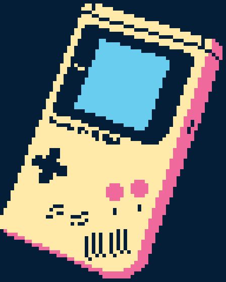 pixel art drawing of an original model nintendo gameboy, one that hopefully induces fond memories of playing games on such a device and that compels the viewer to seek out new games that might produce similar fond memories, perhaps new games such as "Consume Me" which, incidentally, has a free demo that said hypothetical viewer can download and play right now at: https://store.steampowered.com/app/2359120/Consume_Me/