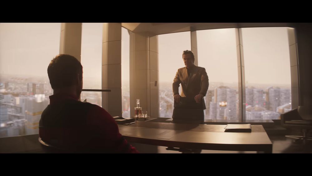 Killian in his office in the network tower in the trailer for Wright's adaptation of the running man