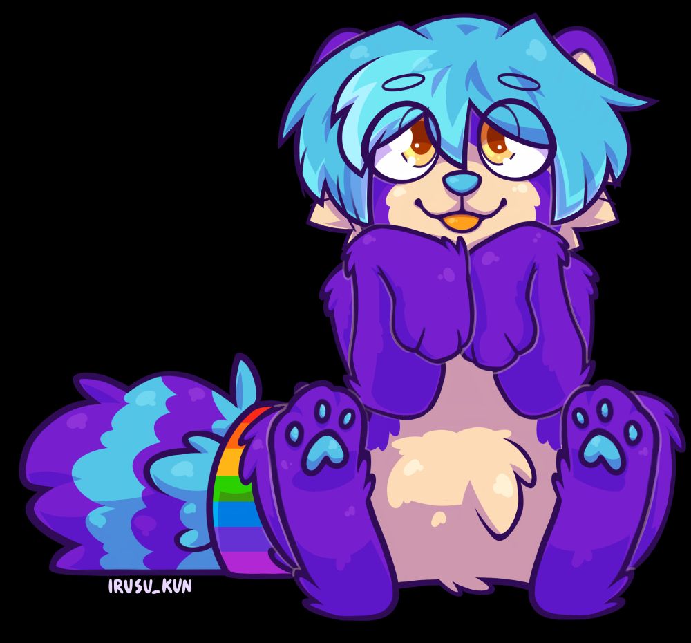 Purple red panda character blepping with front legs below its chin, it has a rainbow scrunchie on the tail and shows its hindleg paw pads