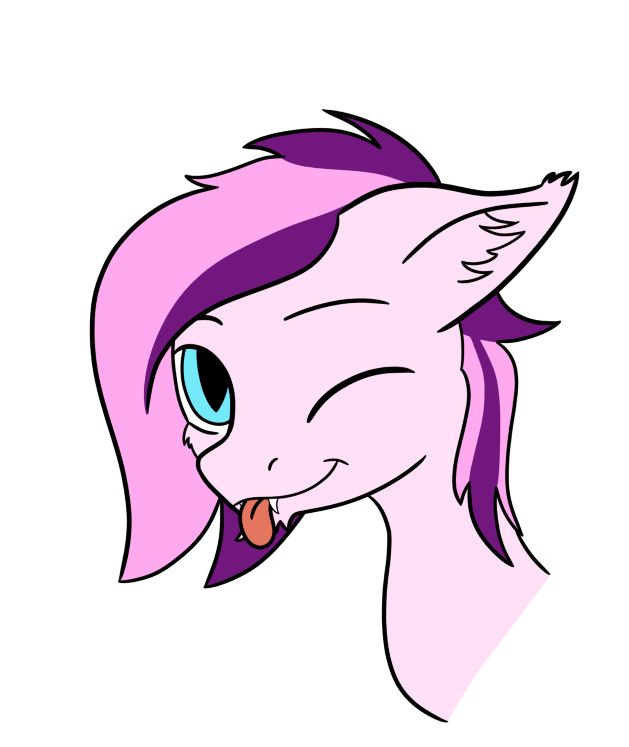 pink bat pony stallion blepping and winking, pink and purple mane, light blue eye