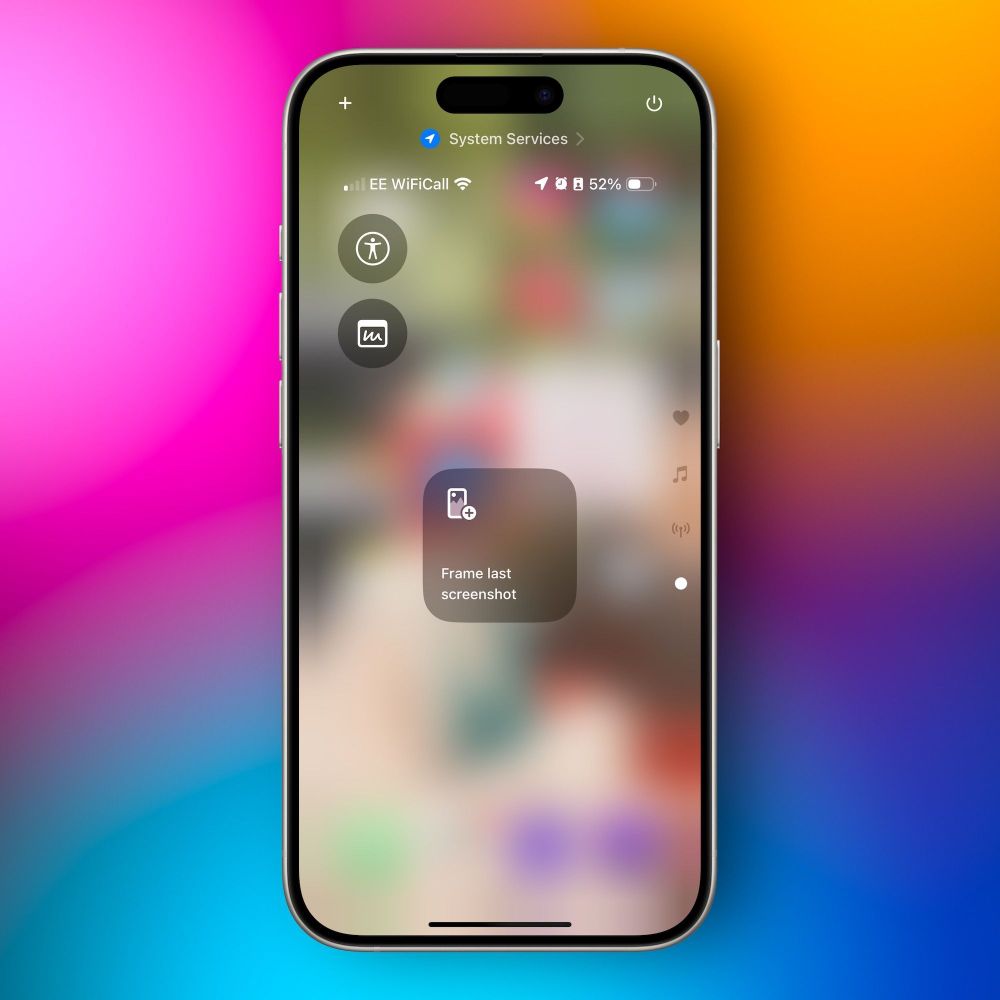 A screenshot showing the Shareshot "Frame last screenshot" control widget in iOS 18 control center.