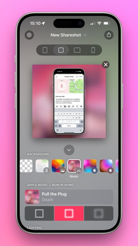 A screenshot of Shareshot showing the Apple Music album art background