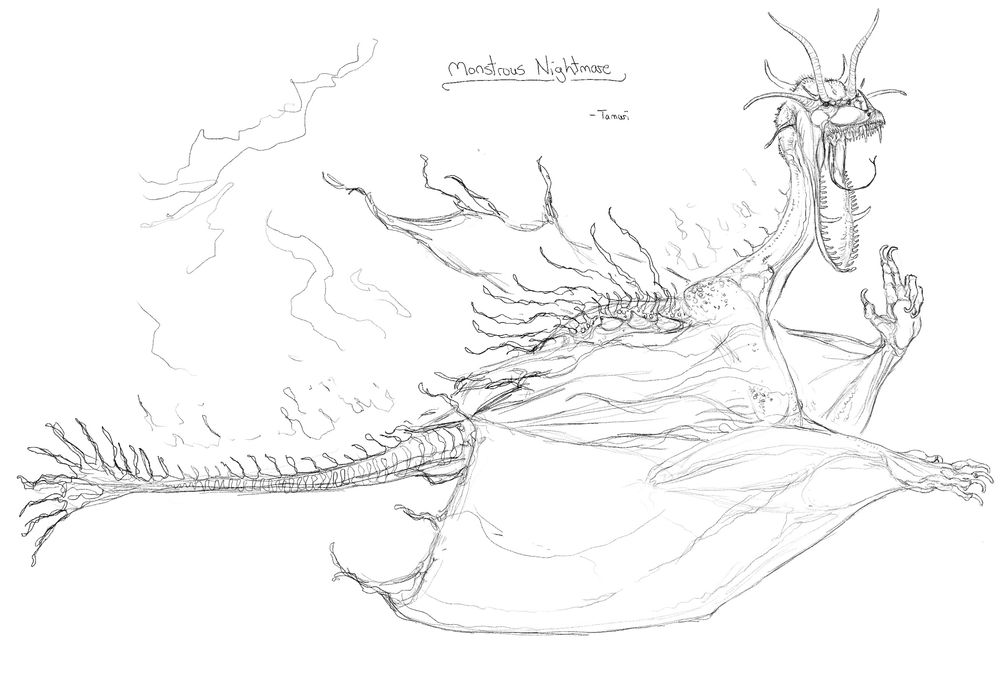 Monstrous Nightmare. A wyvern-like creature looks at the observer with wide open jaws. Demonic archbishop of the dragon world. Raises its hand in devotion. Trailed by fire.