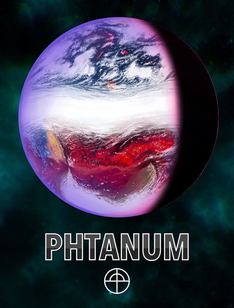 An illustration of an earthlike planet with red landmasses. It features a great white equatorial storm, a purple-hazey atmosphere and a large ocean on its morthern hemisphere. The backdrop is black with cyan nebulae. The project name and sigil are on the bottom.