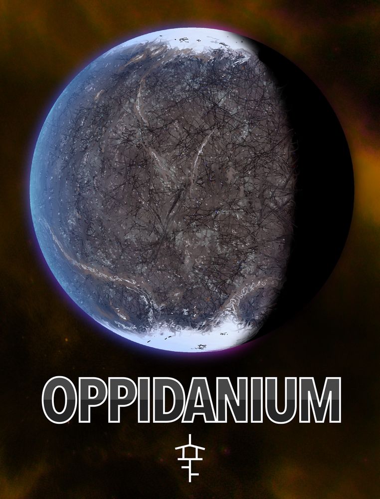 An illustration of a planet covered in artificial superstructures. Geometric lines intersect with mountain ranges and steel landmasses, all various tones of off-gray. Two ice caps are at the north and south pole. The background is black with yellow nebulae. The bottom titles the projects name and sigil.