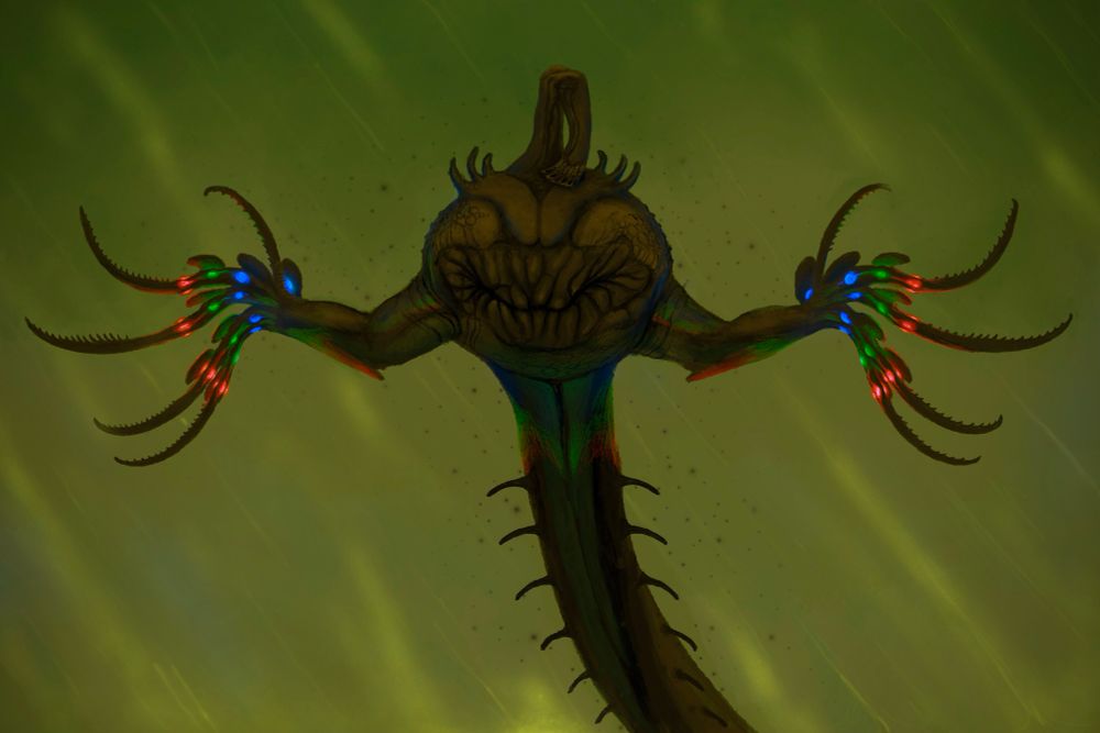An artwork of a large, fictional animal. The long „neck“ is in reality merely the front body, which off-screen gets considerably thicker and more massive with elephantine legs. In the center of the image is a bulbous mouth, on its top its true neck is angled to its base. The two arms that sprout from the mouth have long, serrated claws and colorful joints- red, green and blue. In the background, ethereal green gazes dominate the environment.