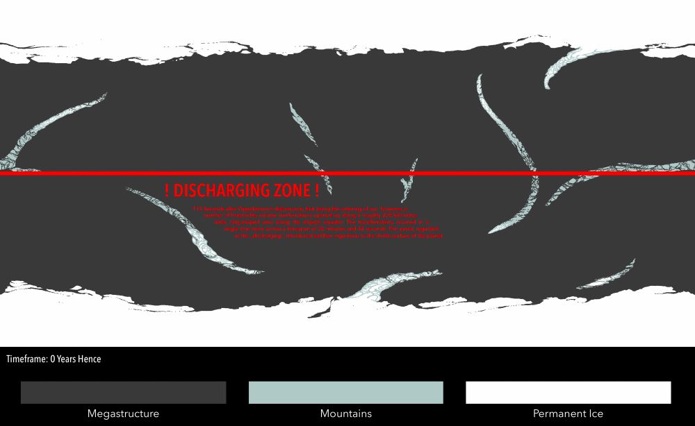 Illustration of a biome map showcasing only three biomes: Megastructure (gray), Mountains (Light Blue) and Permanent Ice (White). A red line adorns the equator; beneath it is the text: 

!DISCHARGING ZONE!

„113 Seconds after Oppidanium's deliverance, that being the entering of our Universe, a number of heteroclite volume tranferrations opened up along a roughly 220 kilometer-wide, ring-shaped area along the objects equator. The transferrations occured in a single sine wave across a timespan of 36 minutes and 42 seconds. This event, regarded as the „discharging", introduced earthen organisms to the sterile surface of the planet.“