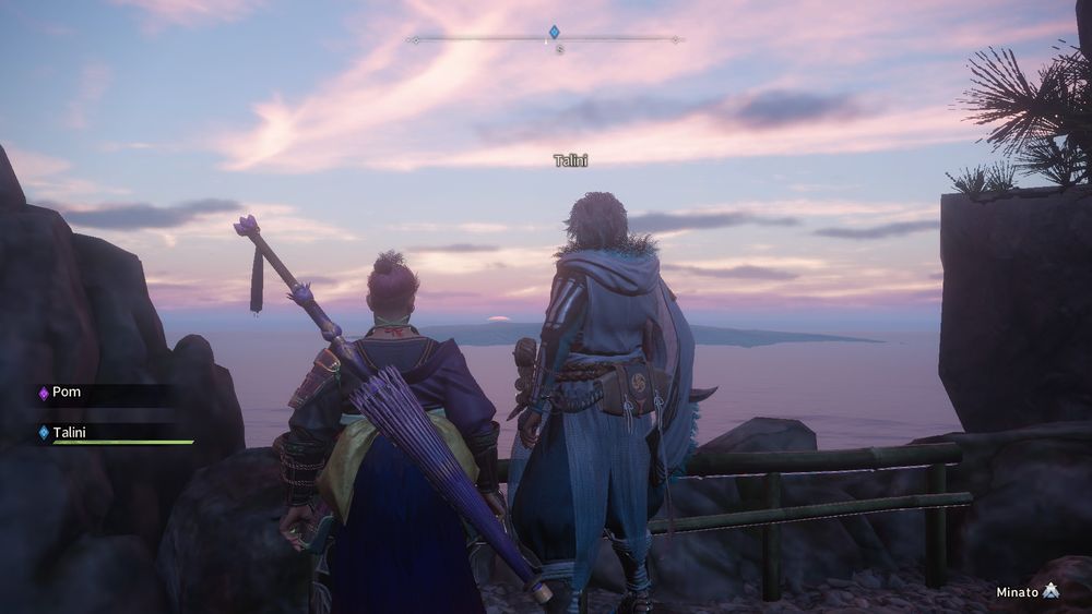 Pom and Talini stand on a rocky terrace that overlooks the ocean, the sunrise painting the sky and sea alike in pastel blues and pinks. Pom's weapon, the bladed wagasa (an umbrella you fight with) is visible on his back.