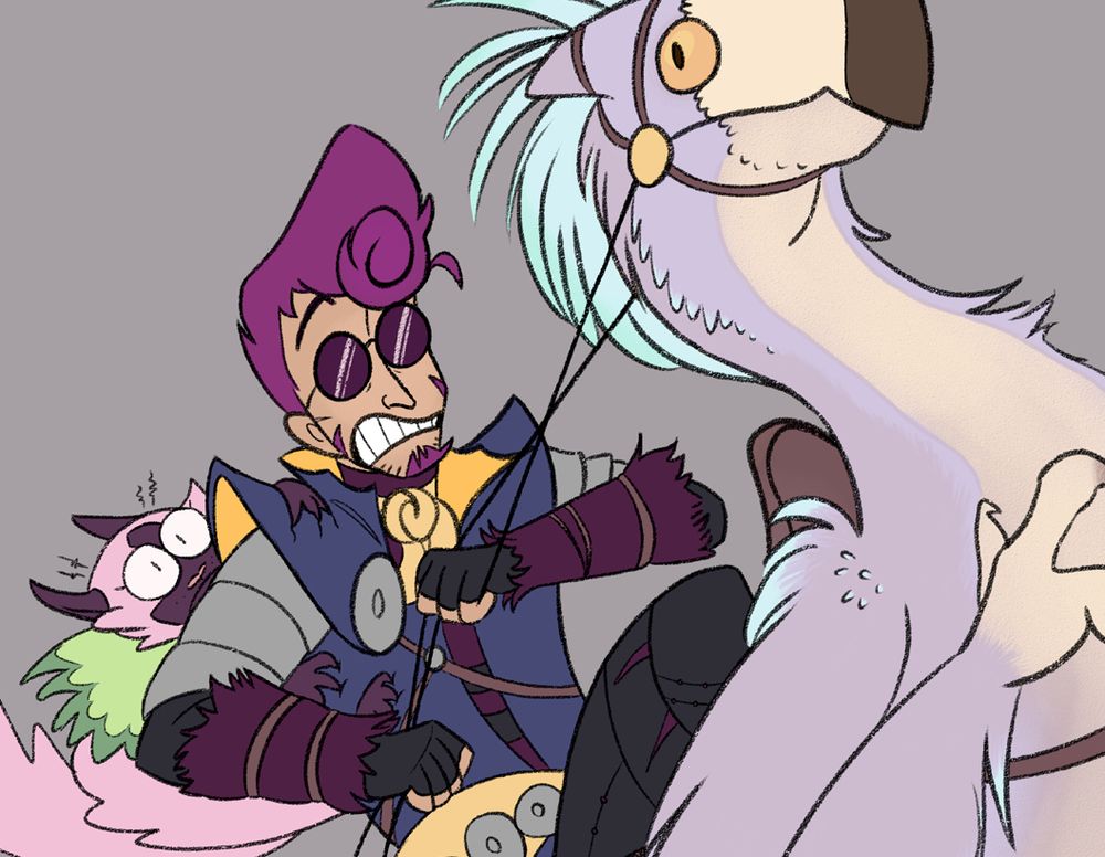 A crop of a WIP featuring a man with a mulberry pompadour (Pom) and his pink, catlike Palico (Purl) riding a colorful bird monster (Pretty Boy). Purl and Pom look shocked and alarmed, while Pretty Boy has not a thought going on in his head.