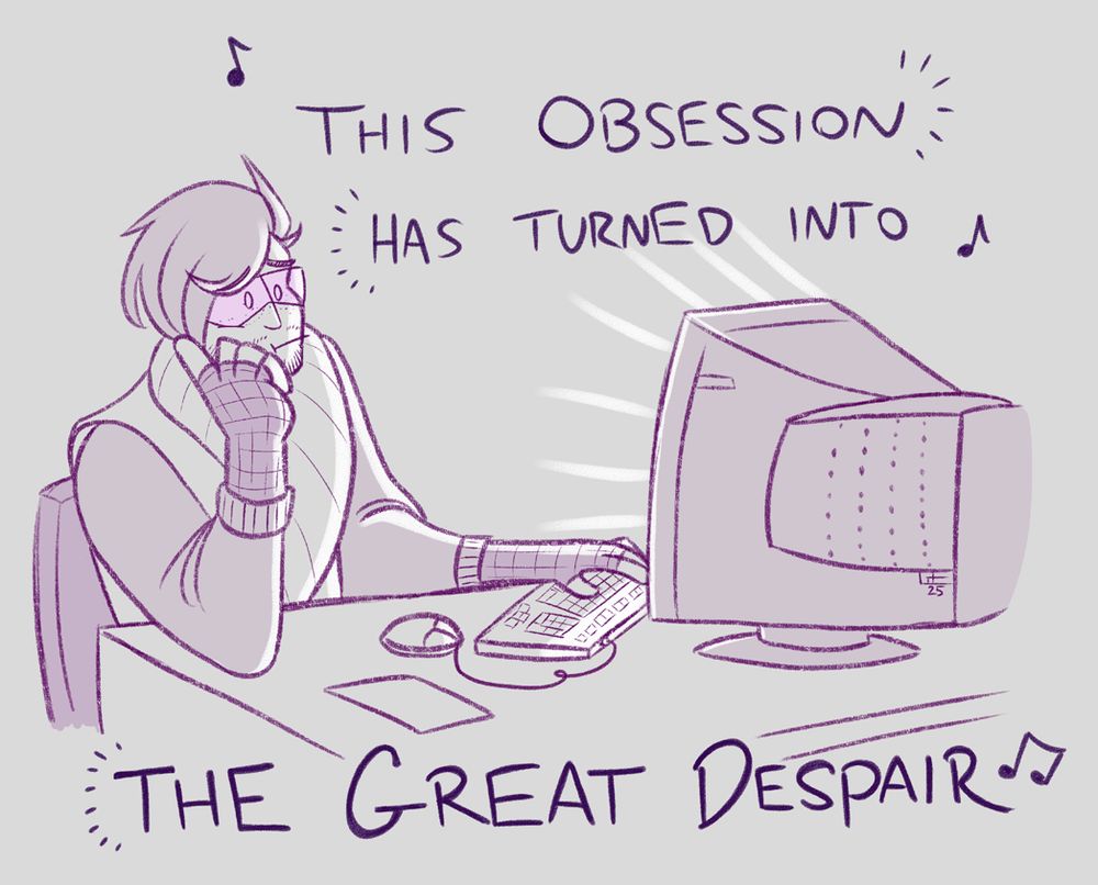 A man known as the Drifter sits in his totally rad 90's outfit in front of an old CRT monitor. He's leaning on one hand, looking glum about whatever he's seeing on the illuminated screen.  The lyrics to On-lyne's "The Great Despair" are written around the illustration:

"This obsession has turned into The Great Despair"