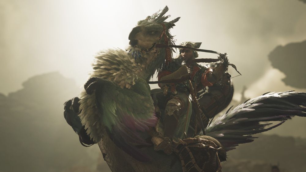 Pom pulls back his Seikret's reins in front of a desert sky; the bird-like creature rears back dramatically.