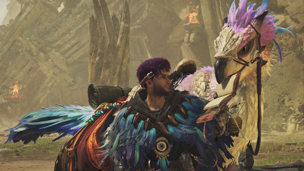 Pom is back in the Windward Plains with his Seikret, Pretty Boy. Pretty Boy is a feathered, raptor-like creature with pink and teal plumage. He also has a single brain cell, and that brain cell is currently fixated on stealing Pom's journal.