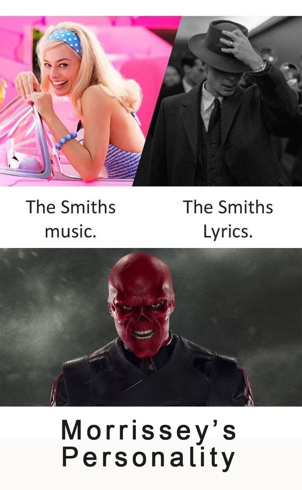 3 Photos depict the characters Barbie (brightly colored) labeled "The Smiths' Music", Oppenheimer (black and white) labeled "The Smiths' Lyrics", and the Red Skull (color) labeled "Morrissey's Personality".