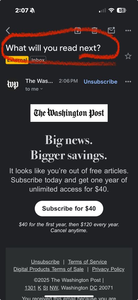 Screenshot of an email from the Washington Post, with the subject line “what will you read next.”