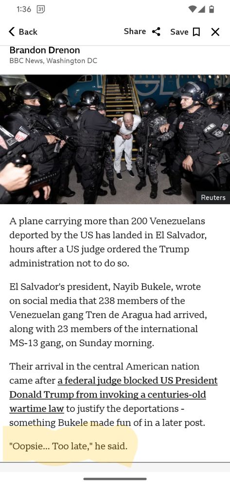 BBC article about a US judge's ruling being ignored, and prisoners being shipped to El Salvador.