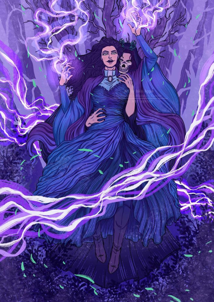 The witch Agatha Harkness flying and using magic with death clinging to her