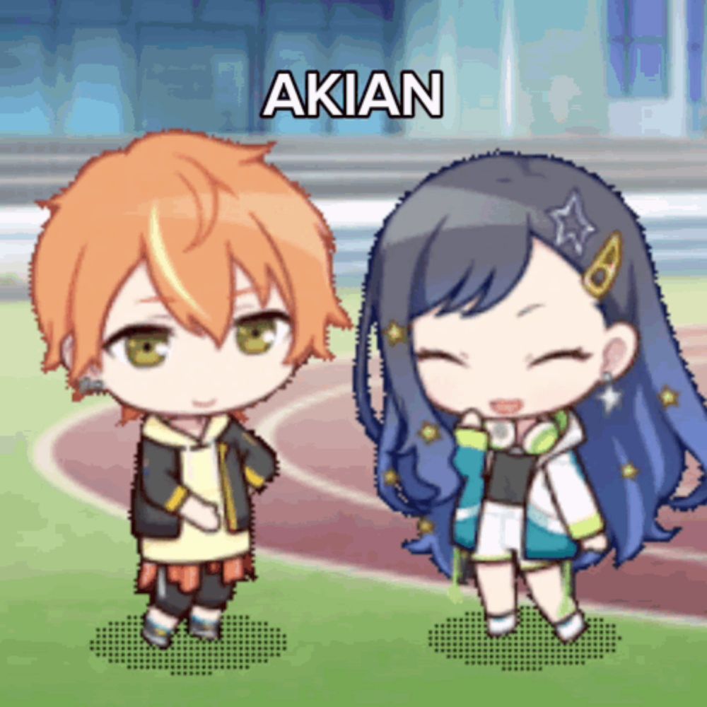 a boy and a girl are standing next to each other with akian written on the bottom right